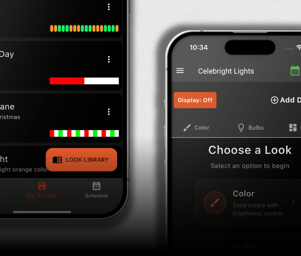Celebright app interface for controlling permanent outdoor lighting and custom presets