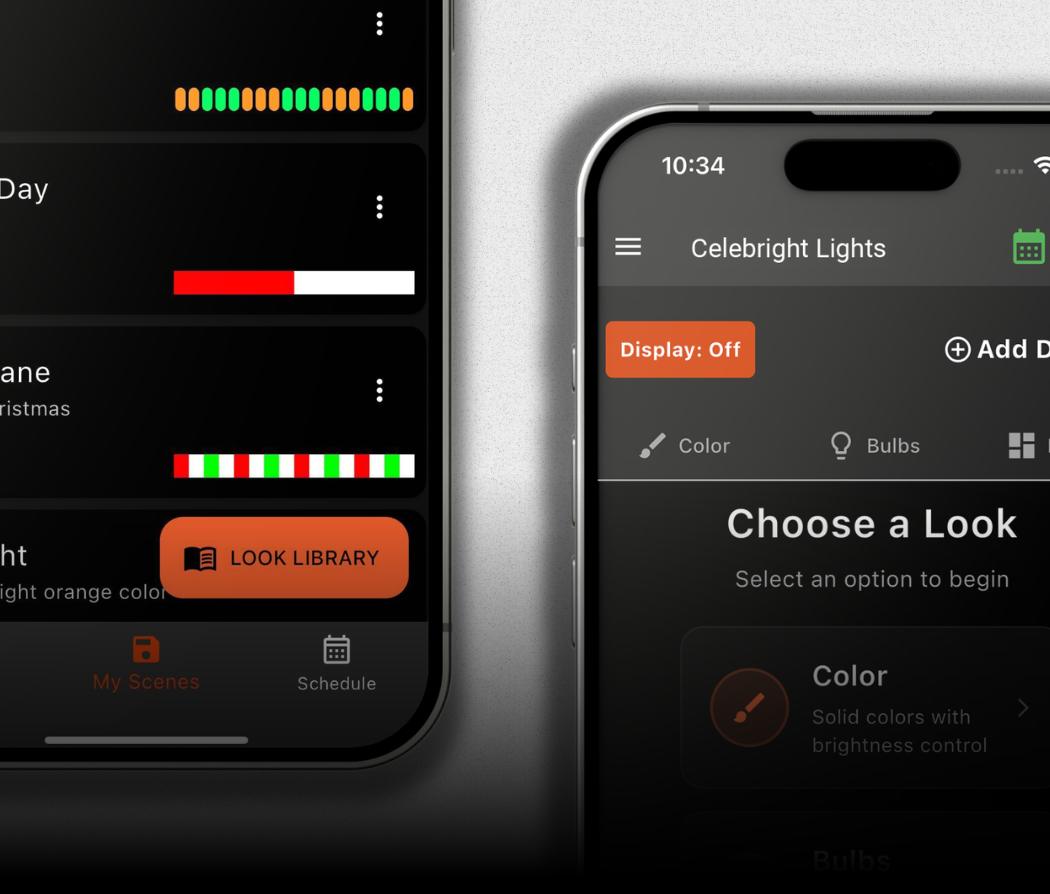 Celebright app interface for controlling permanent outdoor lighting and custom presets