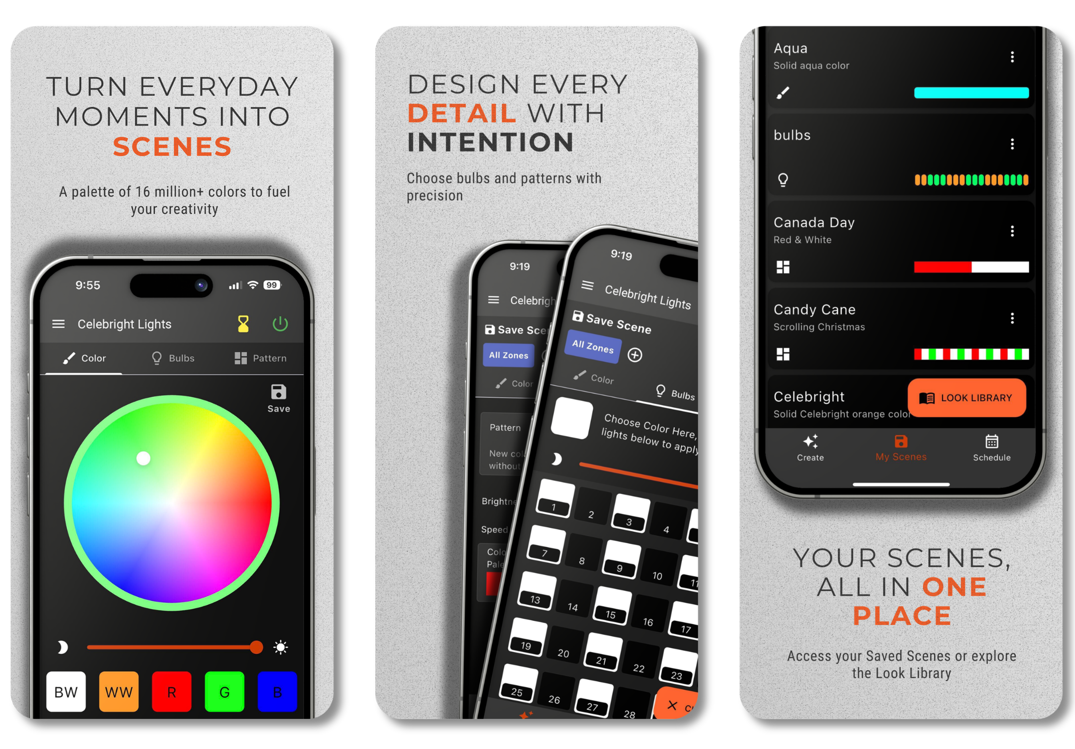 Celebright app interface showing customizable permanent lighting scenes and color controls