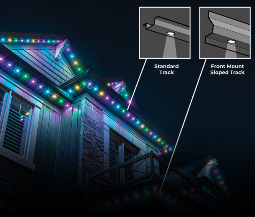 Permanent holiday lighting with customizable track options installed along a residential roofline