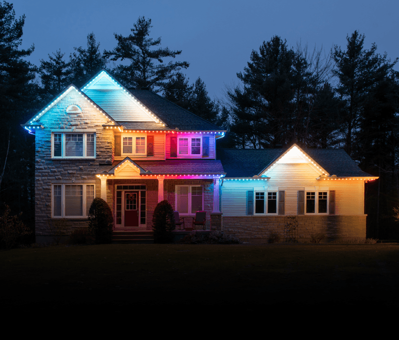 Weather-resistant permanent holiday lighting installed on a residential home