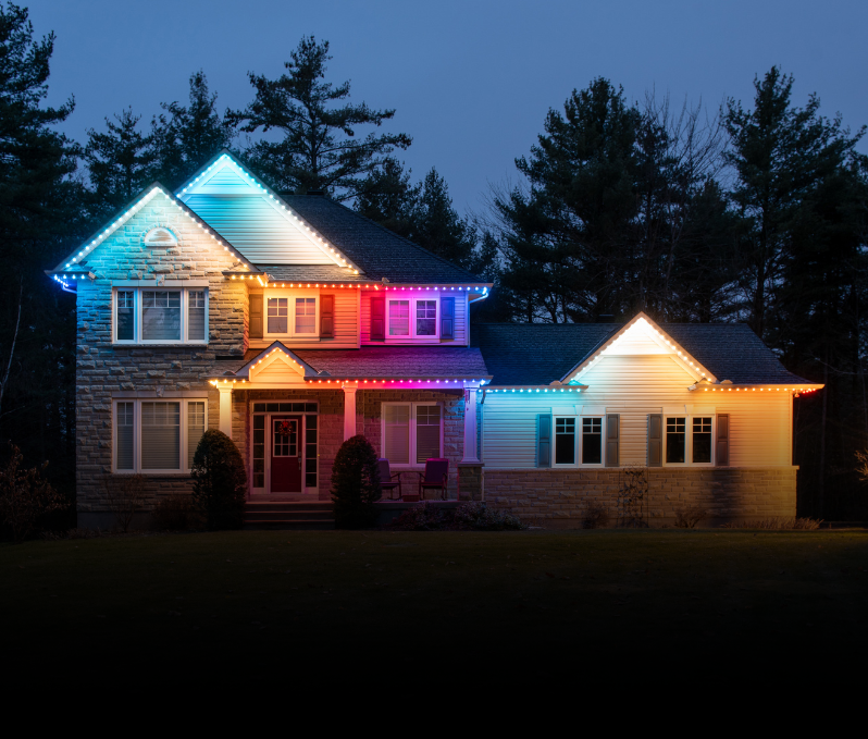 Weather-resistant permanent holiday lighting installed on a residential home
