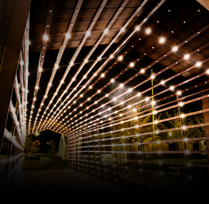Outdoor event space illuminated with permanent architectural lighting canopy