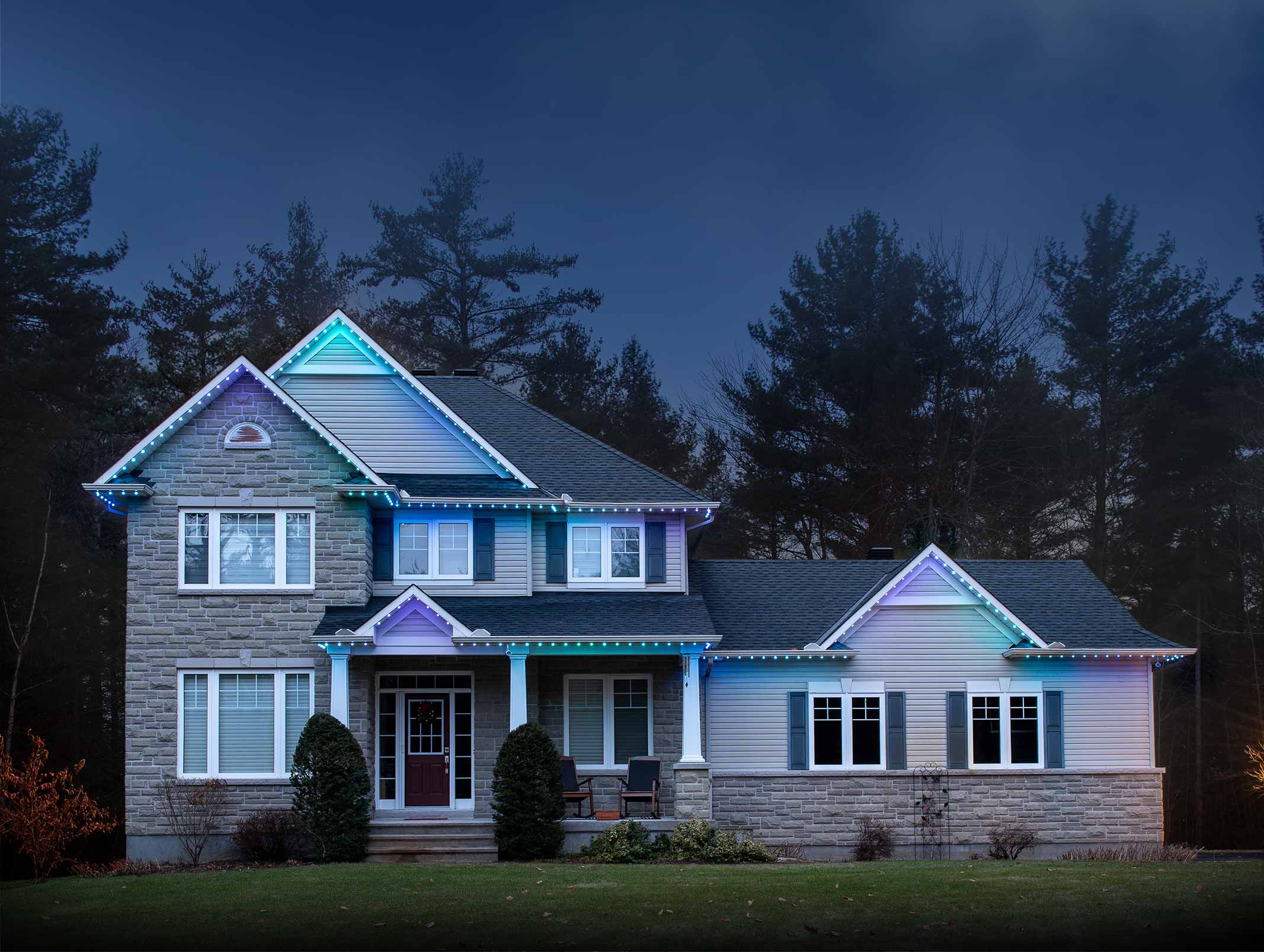 House with installed permanent holiday lighting