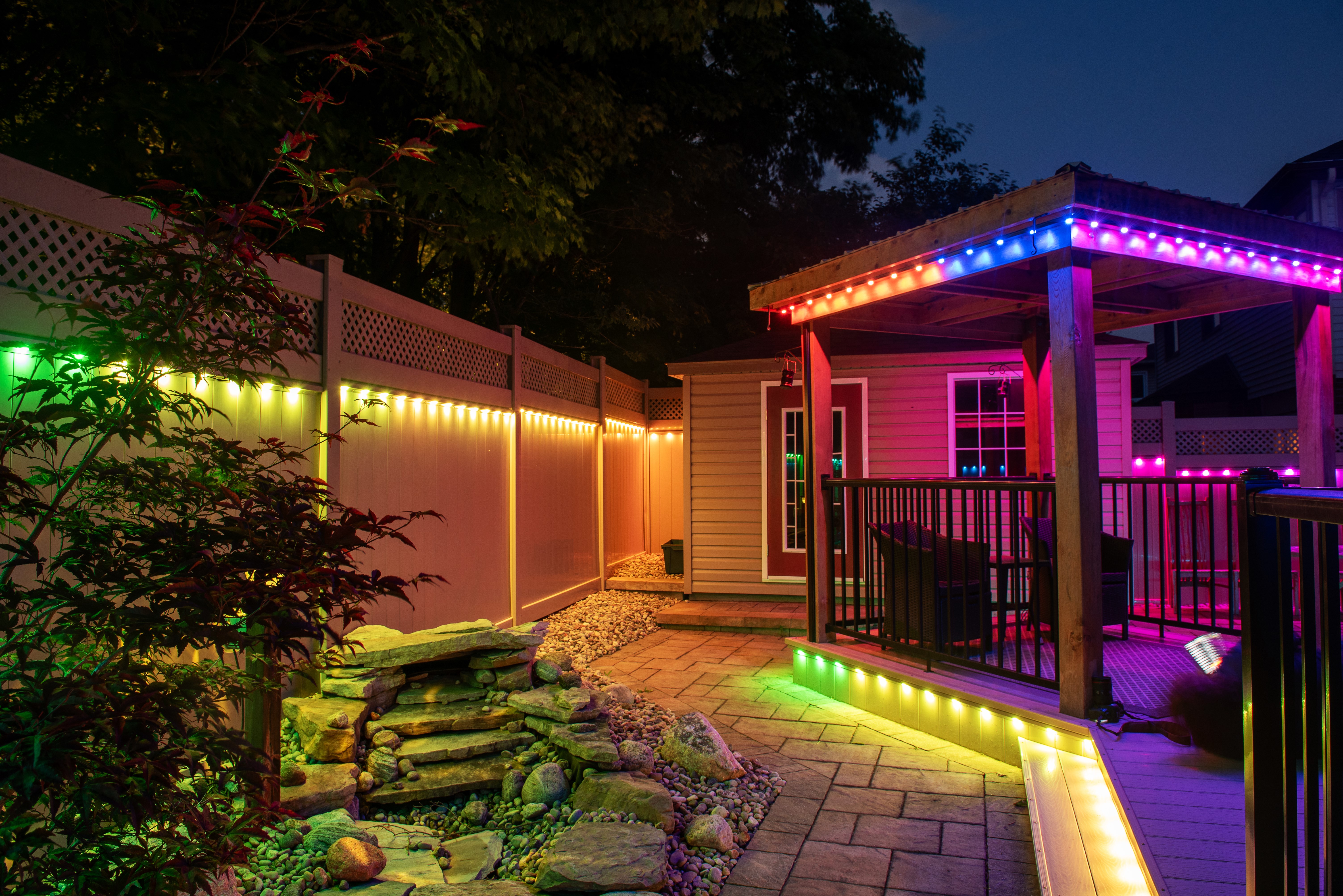 Permanent holiday lighting installed in the backyard.