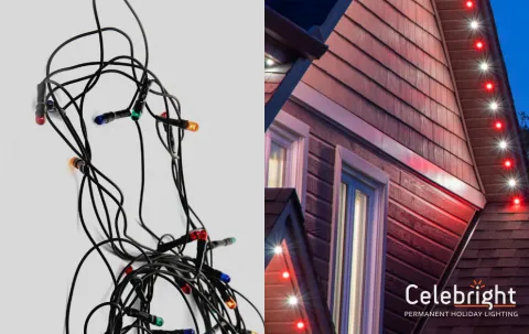 Tangled holiday lights vs. neatly installed permanent holiday lighting on a house.